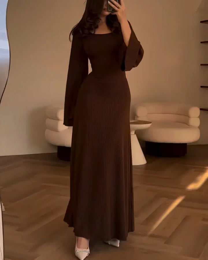 Vestido De Manga Larga De Punto Acanalado Para Mujer | Maxi