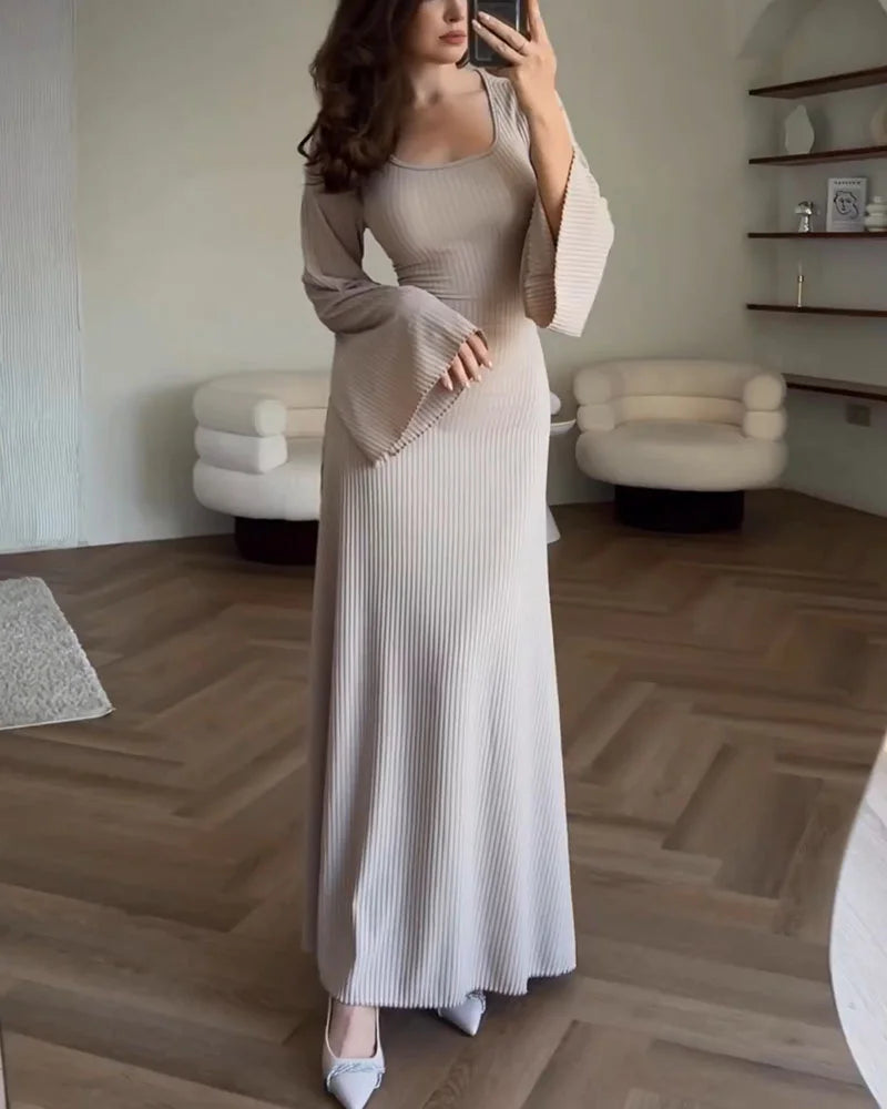 Vestido De Manga Larga De Punto Acanalado Para Mujer | Maxi