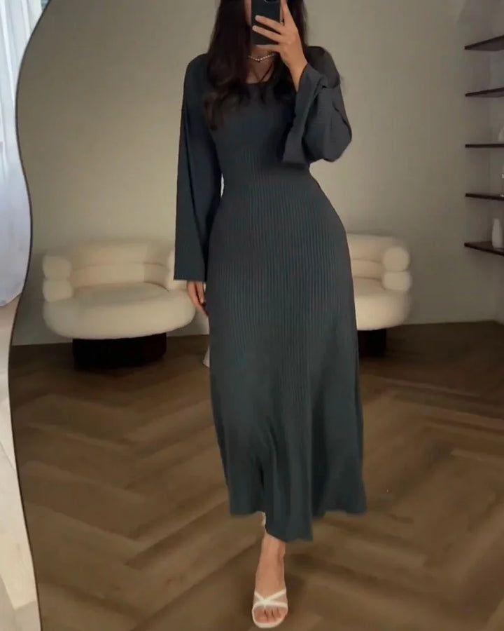 Vestido De Manga Larga De Punto Acanalado Para Mujer | Maxi