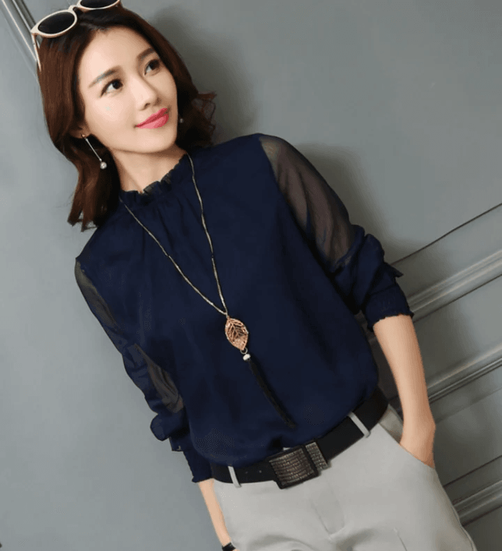 Elegante Blusa De Cuello Con Volantes Para Mujer | Manga Larga