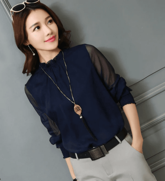 Elegante Blusa De Cuello Con Volantes Para Mujer | Manga Larga