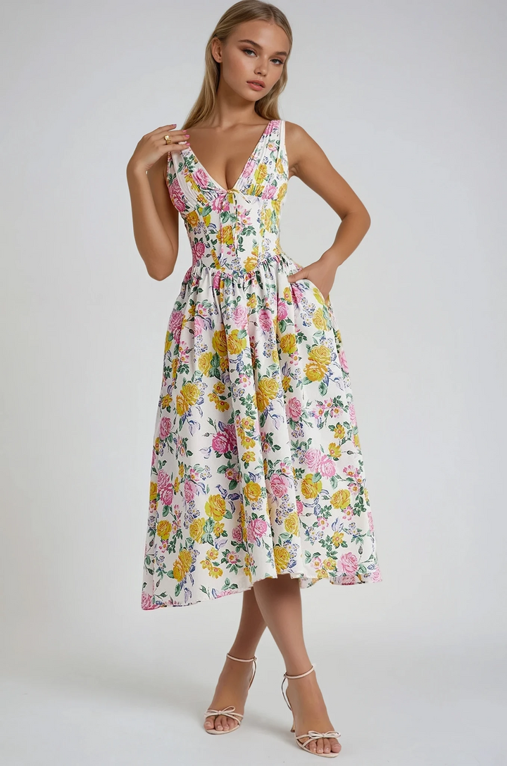 Vestido Sin Mangas Con Cuello En V Y Estampado Floral Para Mujer | Midi