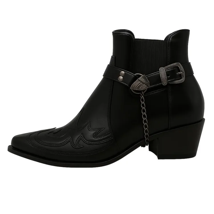 Botines De Vaquero Con Hebilla Y Cadena Para Hombre | Punta Puntiaguda