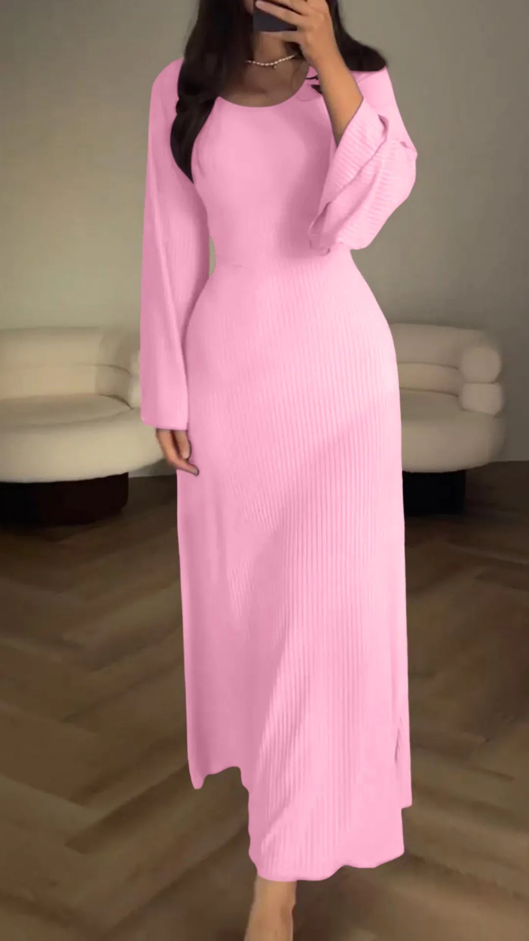 Vestido De Manga Larga De Punto Acanalado Para Mujer | Maxi