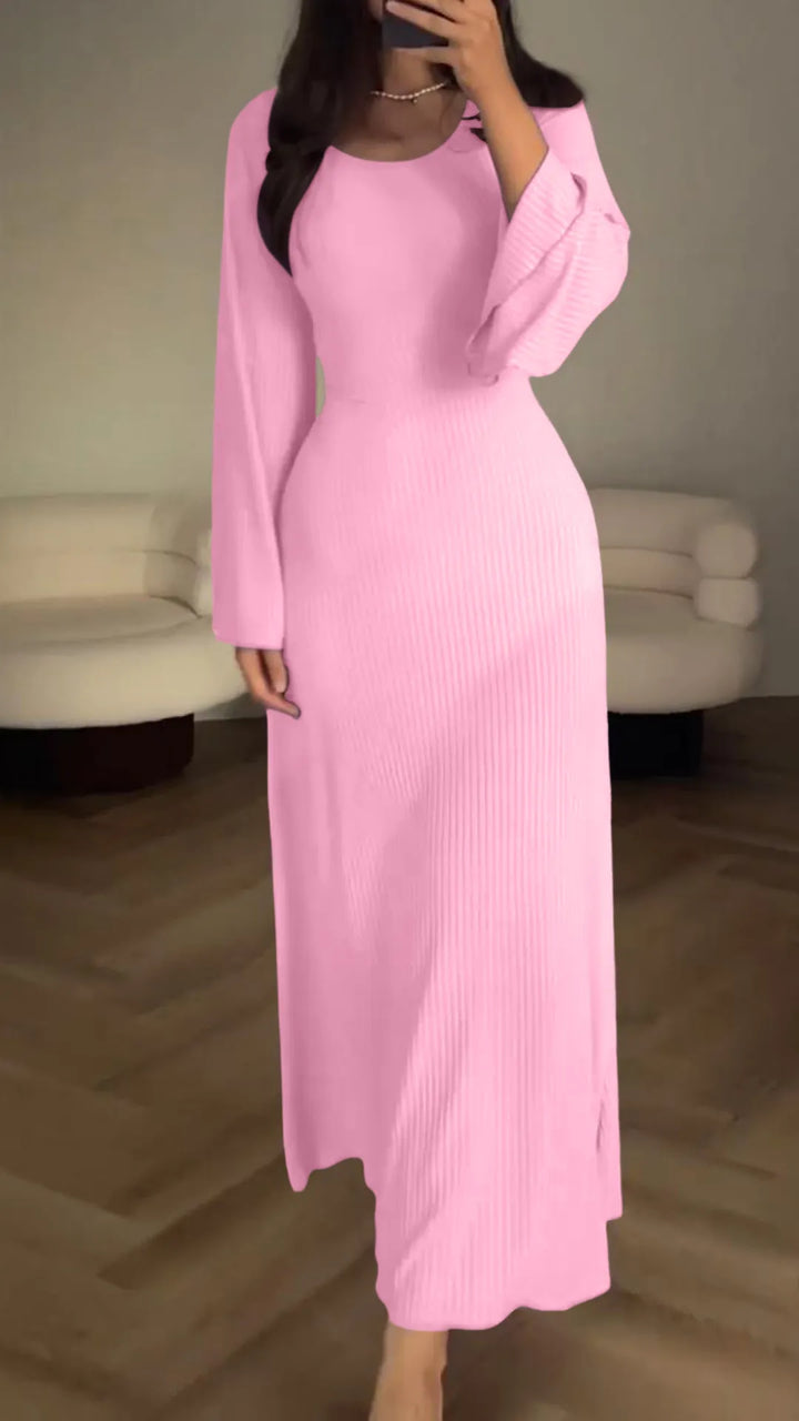 Vestido De Manga Larga De Punto Acanalado Para Mujer | Maxi