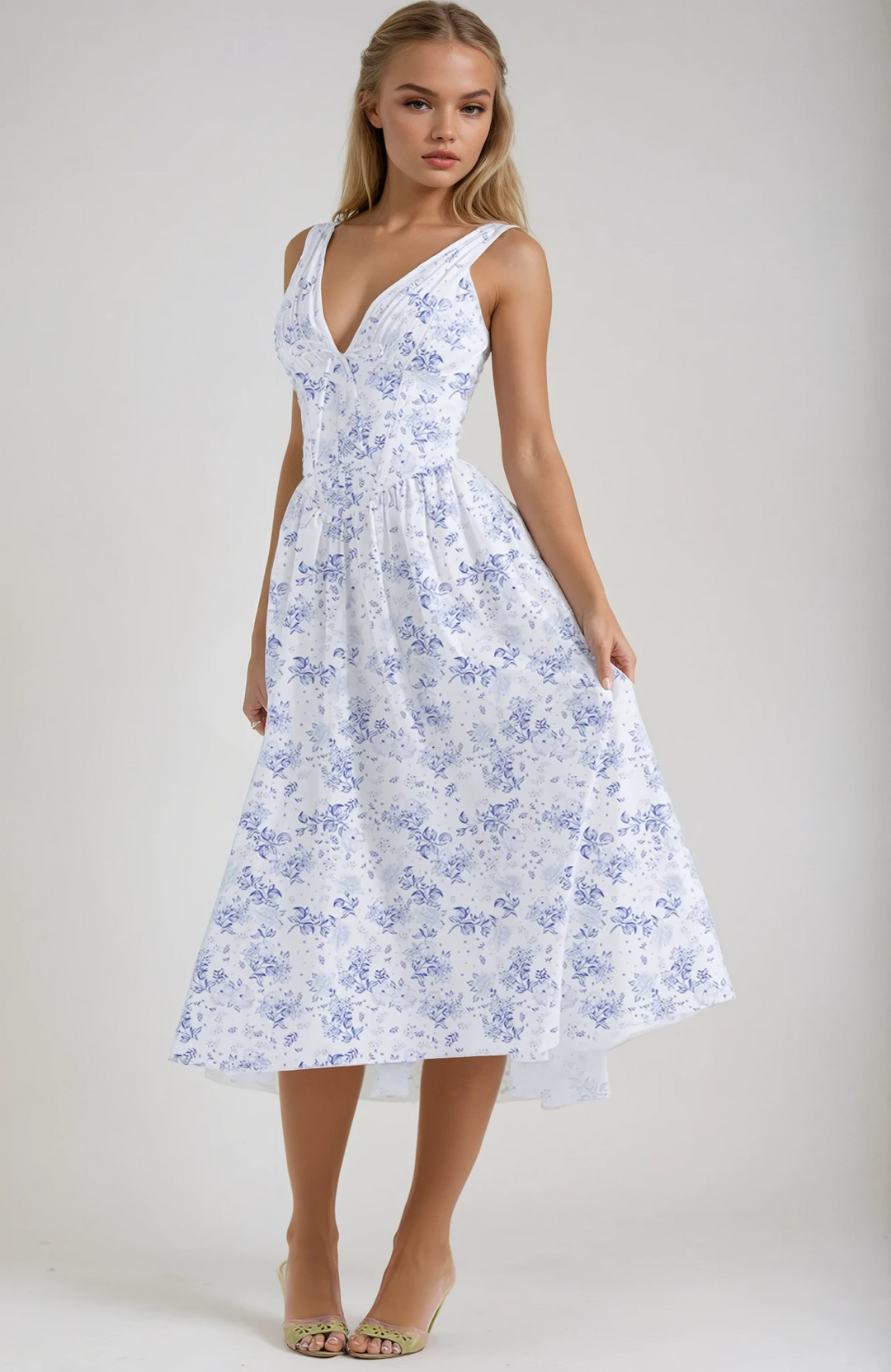 Vestido Sin Mangas Con Cuello En V Y Estampado Floral Para Mujer | Midi