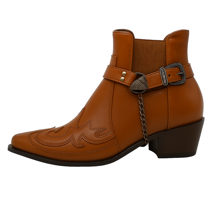 Botines De Vaquero Con Hebilla Y Cadena Para Hombre | Punta Puntiaguda