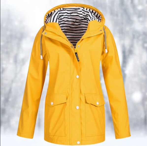 Chaqueta Larga Impermeable Con Botones Para Mujer | Capucha